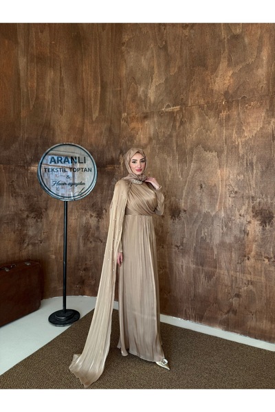 Aranlı tekstil Λιτό βραδινό φόρεμα - Μπεζ - Μακρύ