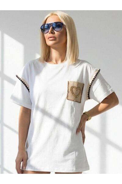 Kokoşum Butik 7511 Μπλουζάκι με σχέδιο καρδιάς και γκλίτερ, λευκό