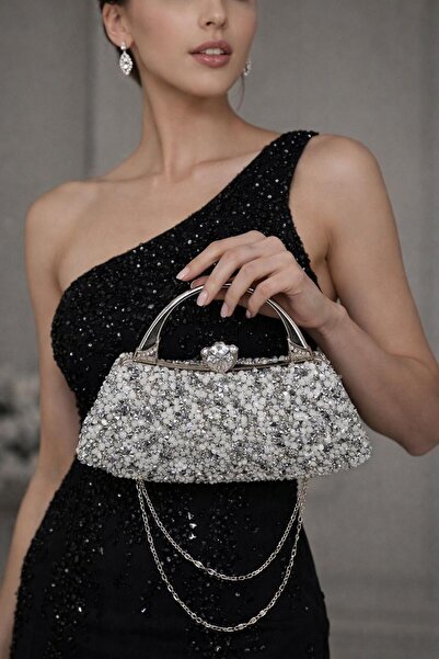 Levidor Ασημί-Λευκή Πέτρα Γυναικεία Βραδινή Τσάντα Χειρός για Φόρεμα -930184