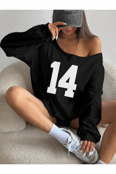 Kadın 14 Baskılı Kayık Yaka Oversize Sweatshirt
