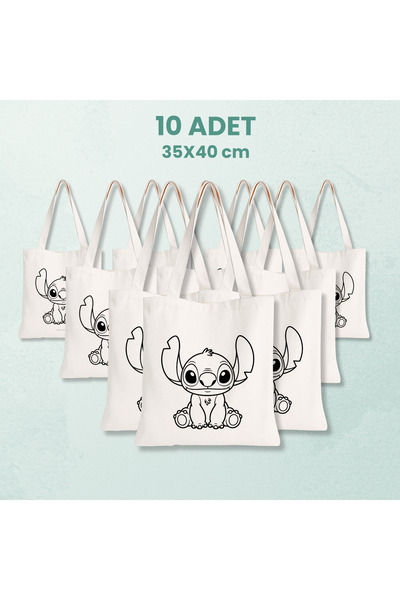 Cemira 10 Adet Stitch Tasarımlı Boyanabilir Bez Çanta - Çocuklar İçin Eğitici...