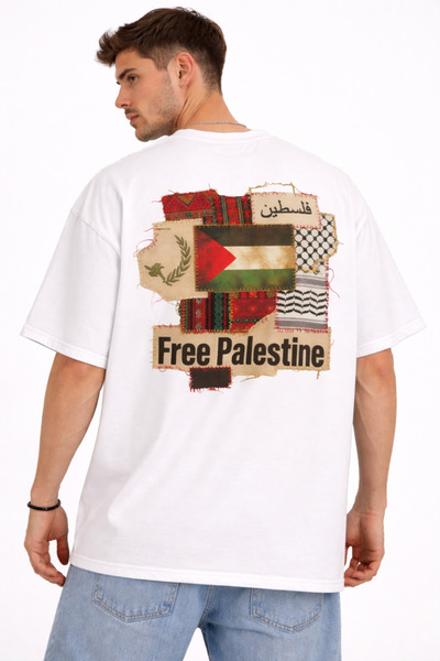 Nulivez Free Palestine Unisex Oversize Patchwork Detailed Printed T-Shirt – M...