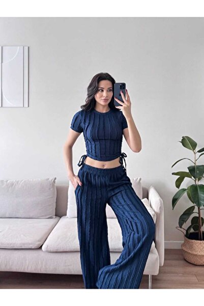 EVOA Women's Navy Blue Crew Neck Blouse with Drawstring Detail & Wide Leg Pan...