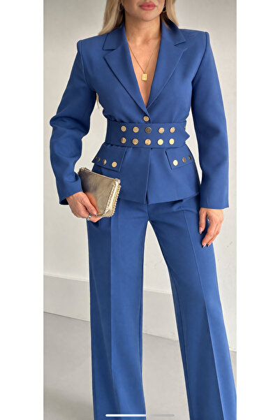 HOEK Women's Blue Belted Jacket Trouser Suit