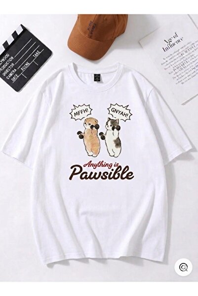 Duzor Unisex Short Sleeve White T-Shirt Paw Cats Gym Oversize,Premium,Summer ...