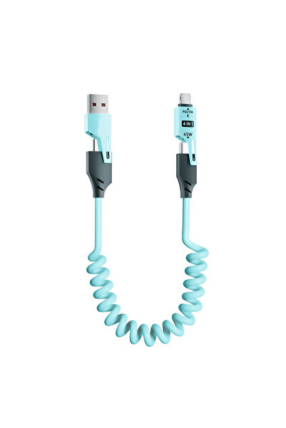 BK Teknoloji 4’ü 1 Arada 65W Hızlı Şarj Destekli Spiral USB-A – Type-C Kablo