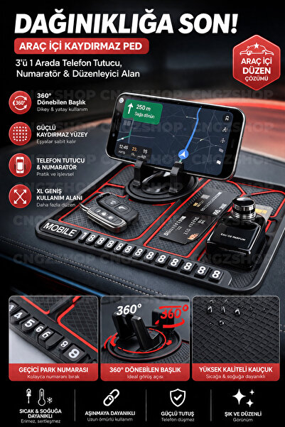 CNGZSHOP Araç İçi Kaydırmaz Ped 3D Numaratör & Telefon Tutuculu XL Kare – Çok...