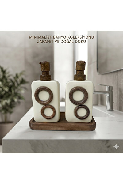 Dia Japandi Stil Seramik Banyo Takımı – Antrasit/Ahşap Dokulu Sıvı Sabunluk Seti