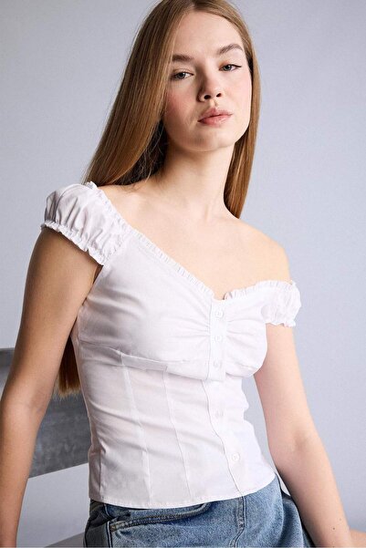 DeFacto Fitted V-Neck Poplin Short Sleeve Blouse H2719Ax26Sm