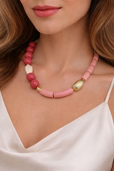BIJUTERI Pink Bone Necklace with Gold Detail