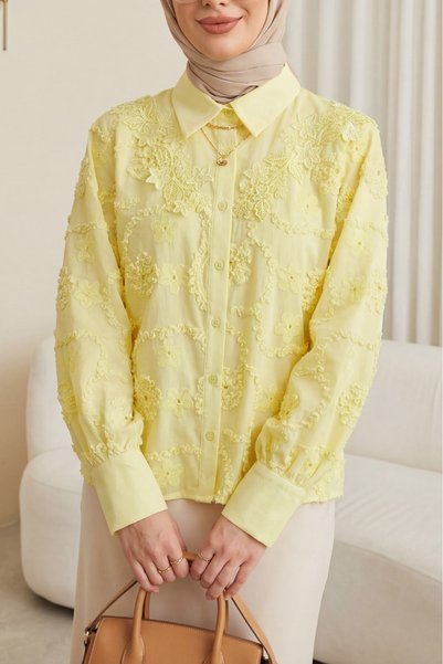 HİJABAYA Cămașă Mira cu mânecă lungă, broderie florală, nasturi festonate, cr...