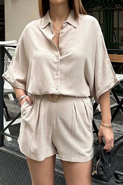 XXL BUTİK Women's Beige Linen Casual Shirt Shorts Set Esr037