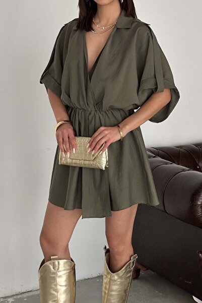 XXL BUTİK Women's Khaki Luna Modal Mini Double-Breasted Loose Dress Esr063