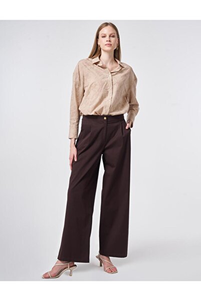 Kayra Pilili Wide Leg Pantolon Koyu Kahve