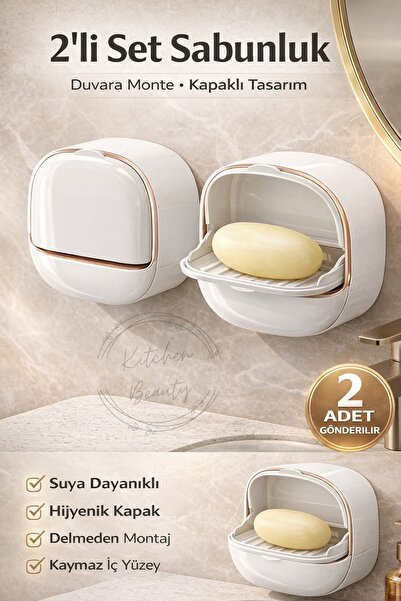 Kitchen Live 2 Adet Yapışkanlı Hazneli Kapaklı Katı Sabunluk Kendinden Boşalt...