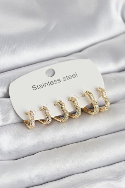 Nehir Stylish 316L Steel Gold Color Set of 6 Heart Form Women's Earrings Teac...