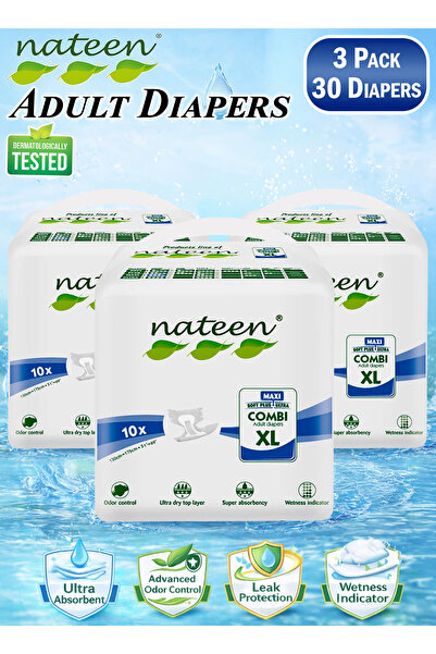 Nateen 30 قطعة (3 عبوات) حفاضات كومبي ماكسي للكبار مقاس XL للاستخدام مرة واحد...