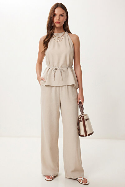 Lovelyİstanbul Λεπτομερής Λινή Σύνολη Μπλούζα-Παντελόνι με Δέσιμο LBY0052 TAŞ