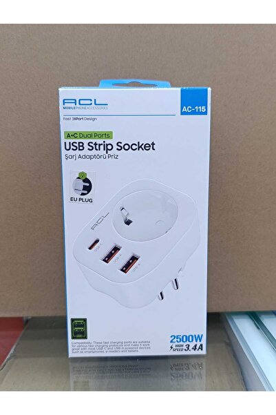 HİBOTEKNO Akım Korumalı Şarj Adaptörü Priz 2500W - 2 USB + 1 Type-C Girişli H...