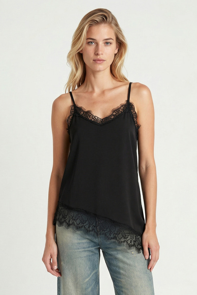 Lovelyİstanbul Ασύμμετρη Δαντελωτή Σατέν Μπλούζα LZH0022 ΜΑΥΡΗ