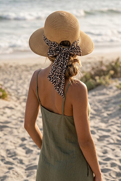 Ritagarcia Γυναικείο καπέλο παραλίας με λεοπάρ φιόγκο και λεπτομέρειες από ψάθα