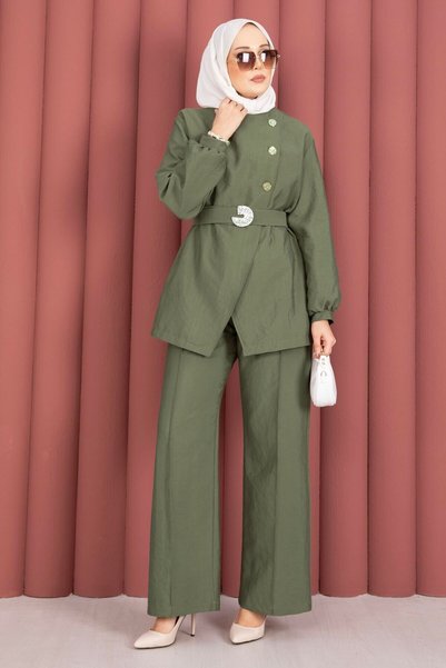 EBRUTESETTÜR Design Gold Button Belted Double Suit Green