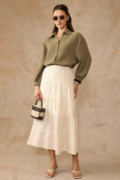 Olcay Gathered Detailed Muslin Long Skirt Beige 7062