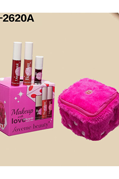 LOVEME BEAUTY مجموعة مكياج شفاه تتضمن أحمر شفاه وملمع شفاه وحقيبة صغيرة.