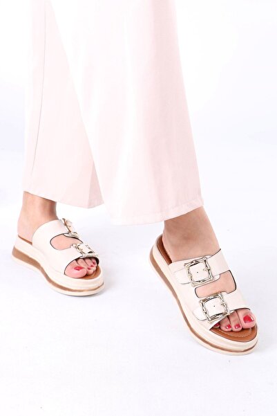 sefayol Γυναικείες παντόφλες Legget μπεζ ματ δερμάτινες με αγκράφα