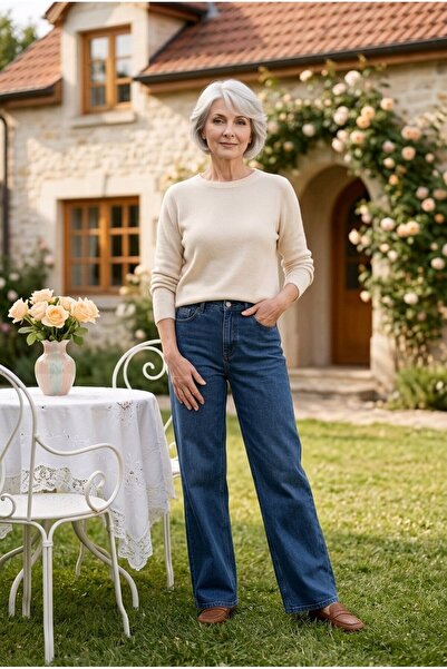 kotmodası Τζιν σε σκούρο μπλε χρώμα - Γυναικείο παντελόνι Palazzo με ψηλή μέσ...