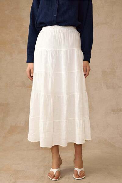 Olcay Gathered Detailed Muslin Long Skirt White 7062