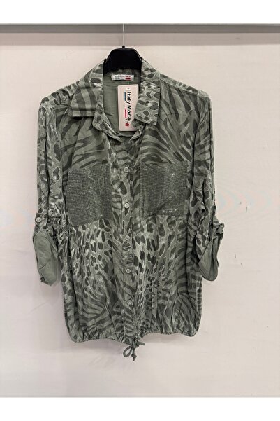 della moor Women's Khaki Italian Leopard Pattern Pocket Sequined Folded Sleev...