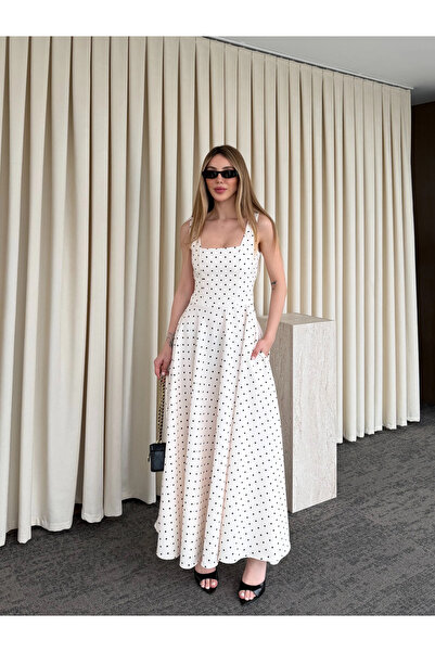 Laluvia Екрю рокля на точки с панделка на талията - 5107