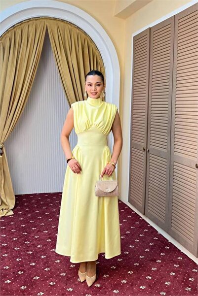 Dipmoda Γυναικείο κομψό φόρεμα με κίτρινο ντραπέ ύφασμα, ψηλό γιακά και μήκος...