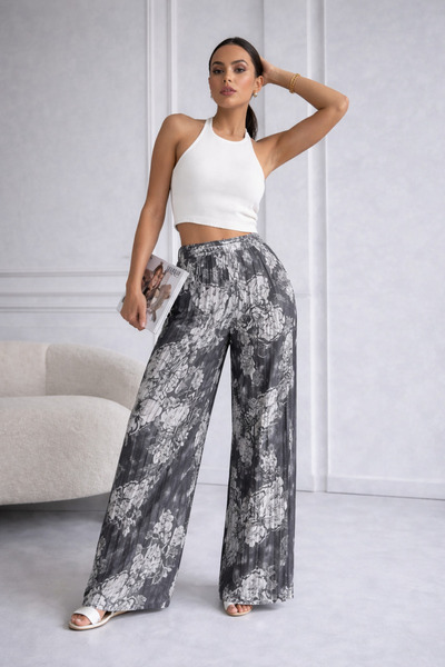 ikomteks Παντελόνι Palazzo με κρυστάλλινο σατέν και πιέτες με φλοράλ σχέδια