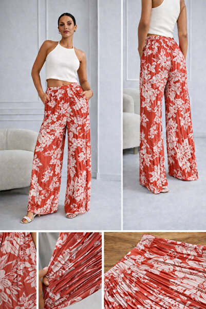 ikomteks Παντελόνι Palazzo με κρυστάλλινο σατέν και πιέτες με φλοράλ σχέδια