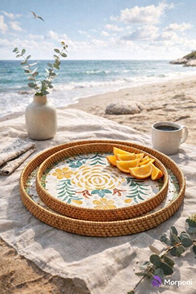 morponi طقم من 2 صينية تقديم مستديرة مصنوعة يدويًا من الخيزران الطبيعي، صينية...