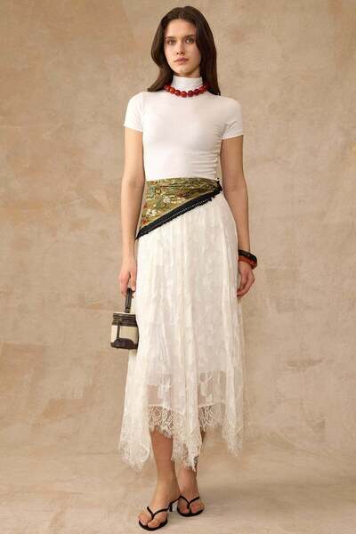 Olcay Φούστα σιφόν με δαντελένια λεπτομέρεια στις άκρες και μοτίβο KREM 7075