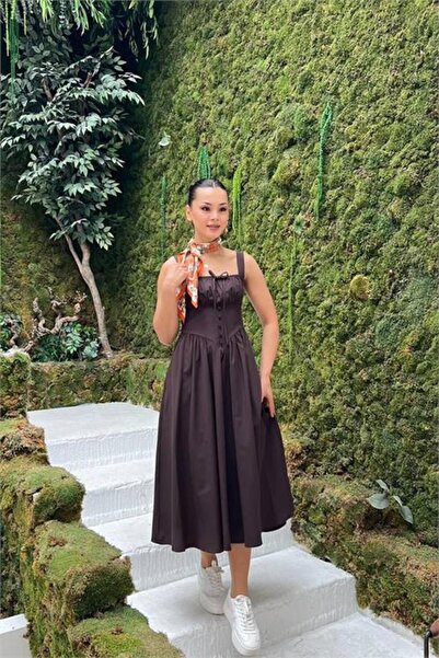 Dipmoda Women's Brown Thick Strap Square Neck Button Detailed Midi Length Dre...