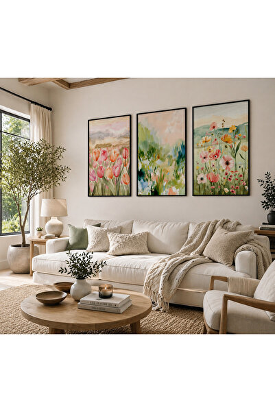 TekTablo Σετ 3 πίνακων με παστέλ λουλουδάτα σχέδια με κορνίζα – Μοντέρνα διακ...