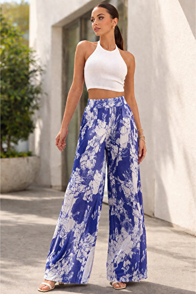 ikomteks Floral Patterned Crystal Satin Pleated Palazzo Trousers