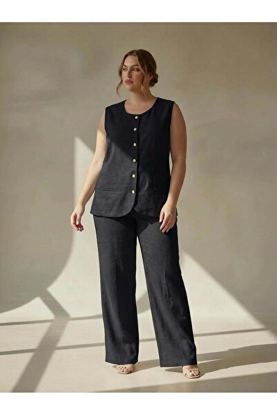 RMG Γυναικείο Σετ Παντελόνι-Γιλέκο με Κουμπιά σε Μεγάλο Μέγεθος, Μαύρο