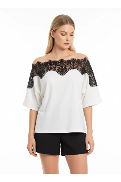 Park Karon 26028 Γυναικεία πλεκτή μπλούζα με λεπτομέρεια από δαντέλα και λαιμ...