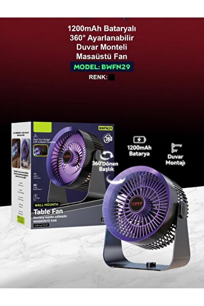 Nivego 1200mAh Bataryalı 360° Ayarlanabilir Duvar Monteli -Masaüstü Fan Vanti...