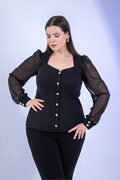 Roxxlen Γυναικεία μπλούζα με κουμπιά μπροστά σε μεγάλο μέγεθος, μαύρη