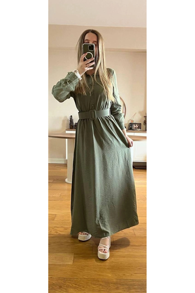 Butik Our Green Modal Fabric Dress with Elastic Waist and Belt Model