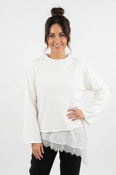 BN BUTİK Asimetrik Dantel Garnili Geniş Kollu Modern Sweatshirt Bluz