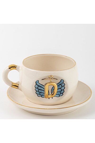 BSK Ceramics Handmade Harfli Mavi Melek Kanatlı Çay Fincanı D Harfi