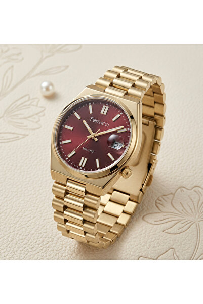 Ferrucci Milano 34 mm Kadın Saat Kırmızı Kadran Gold Çelik Kordon Takvimli Şı...