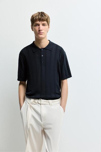 LEFTIES Dokulu örgü polo yaka t-shirt